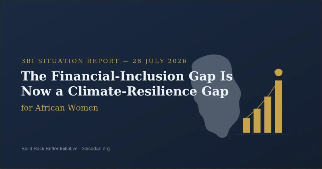 Editorial banner, navy and gold, showing an ascending bar chart beside an abstract African continent silhouette, with the headline "The Financial-Inclusion Gap Is Now a Climate-Resilience Gap for African Women."