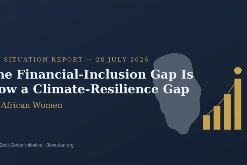 Editorial banner, navy and gold, showing an ascending bar chart beside an abstract African continent silhouette, with the headline "The Financial-Inclusion Gap Is Now a Climate-Resilience Gap for African Women."