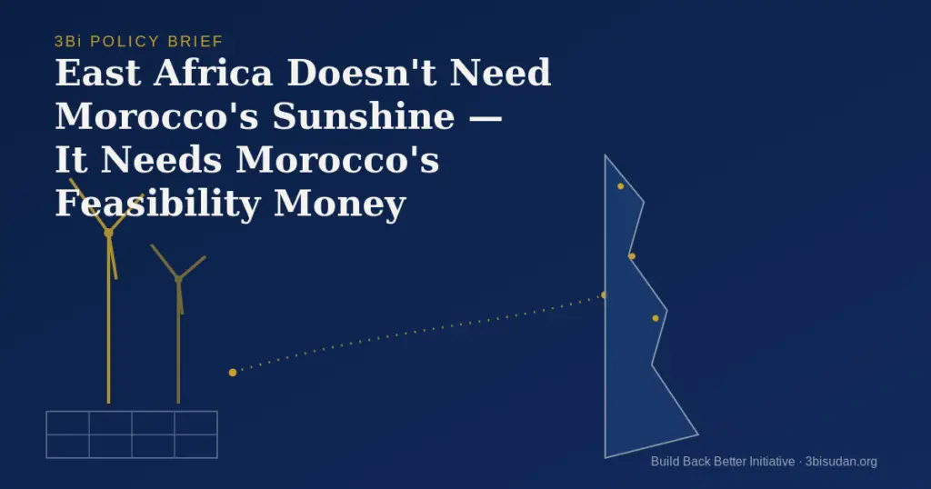 Abstract navy-and-gold illustration of a wind turbine and solar array connected by a dotted funding line to a stylized East African coastline, symbolizing climate-finance flows.