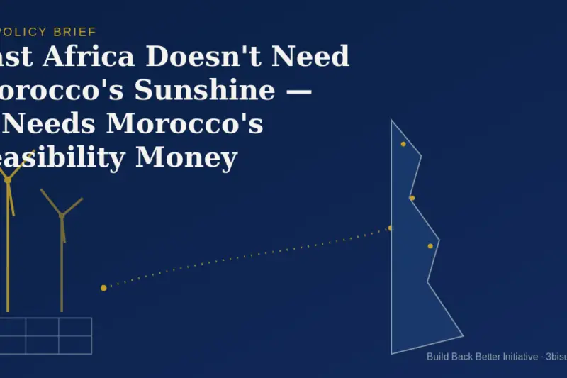 Abstract navy-and-gold illustration of a wind turbine and solar array connected by a dotted funding line to a stylized East African coastline, symbolizing climate-finance flows.
