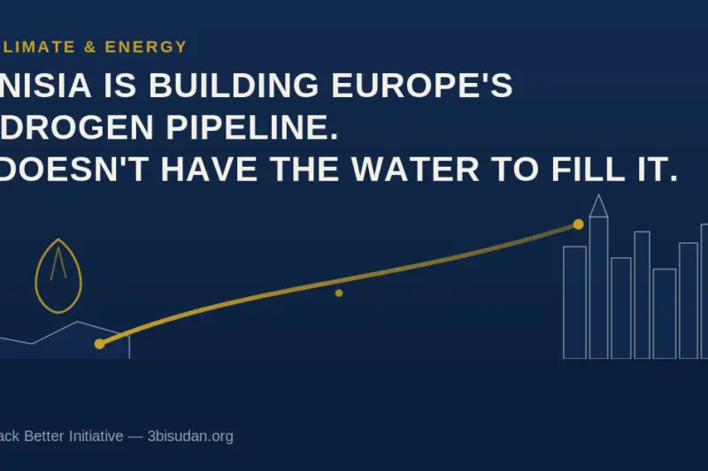 Navy, gold and grey illustration of a pipeline running from a North African coastline to a European skyline, with a water-drop icon symbolizing water scarcity.
