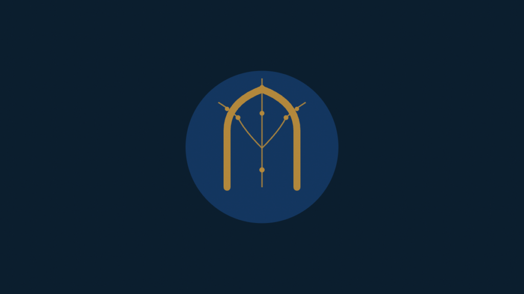 Minimalist emblem set within a blue circle against a dark background, featuring a gold pointed Islamic arch frame with fine geometric network lines inside, representing Sudan's era of Islamic finance and parallel financial infrastructure.