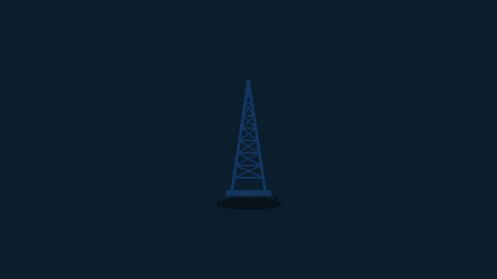 Minimalist emblem of a blue oil derrick lattice tower standing above a dark oval base on a dark navy background, representing Sudan's petroleum era and centralized resource revenues.