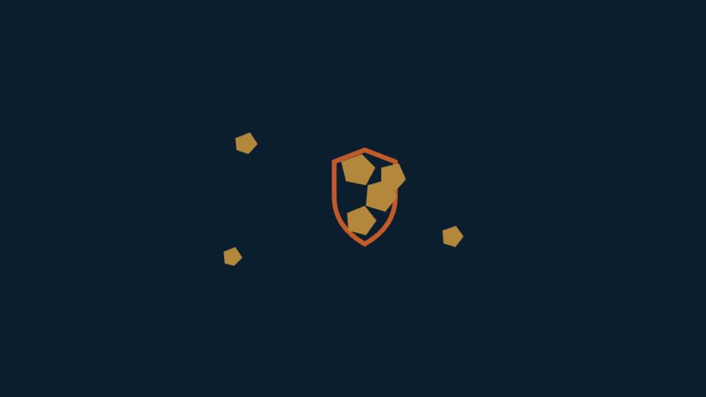 Minimalist emblem on a dark navy background depicting an orange outline of a military shield surrounded by dispersed gold polygonal nuggets, representing Sudan's shift to gold mining and the rise of autonomous militia control.