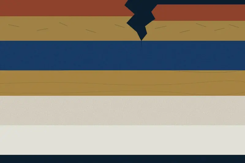 Minimalist illustration showing six horizontal geological-style strata layers representing Sudan’s six economic eras, featuring a prominent jagged fault line breaking through the top layers.