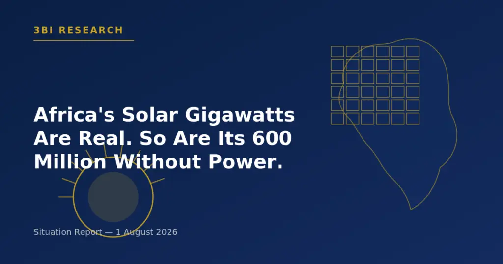 Abstract navy-and-gold illustration of the African continent overlaid with a solar panel grid beside a stylized rising sun, representing Africa's growing solar energy capacity.