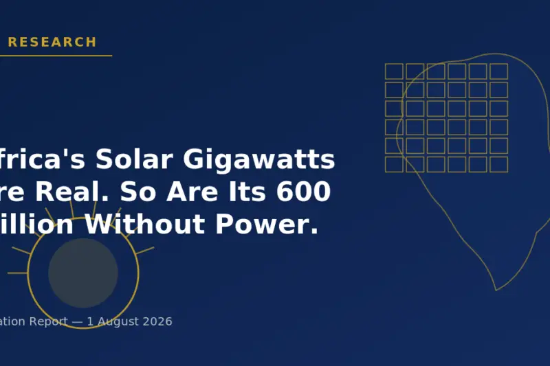 Abstract navy-and-gold illustration of the African continent overlaid with a solar panel grid beside a stylized rising sun, representing Africa's growing solar energy capacity.