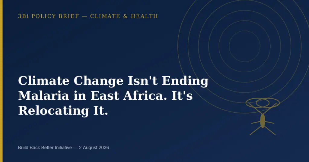 Navy and gold editorial cover illustrating concentric topographic contour rings and an abstract mosquito icon, symbolizing malaria risk shifting into higher-elevation regions of East Africa.