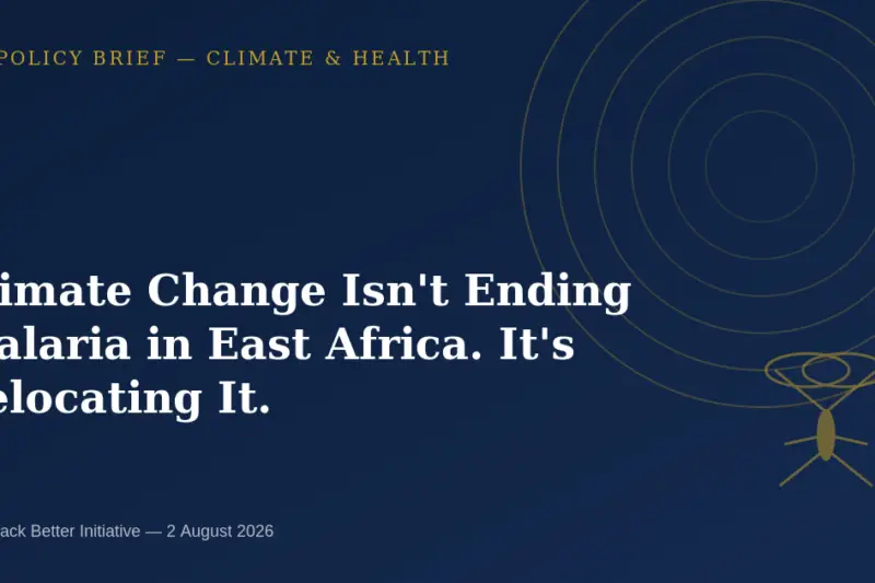 Navy and gold editorial cover illustrating concentric topographic contour rings and an abstract mosquito icon, symbolizing malaria risk shifting into higher-elevation regions of East Africa.