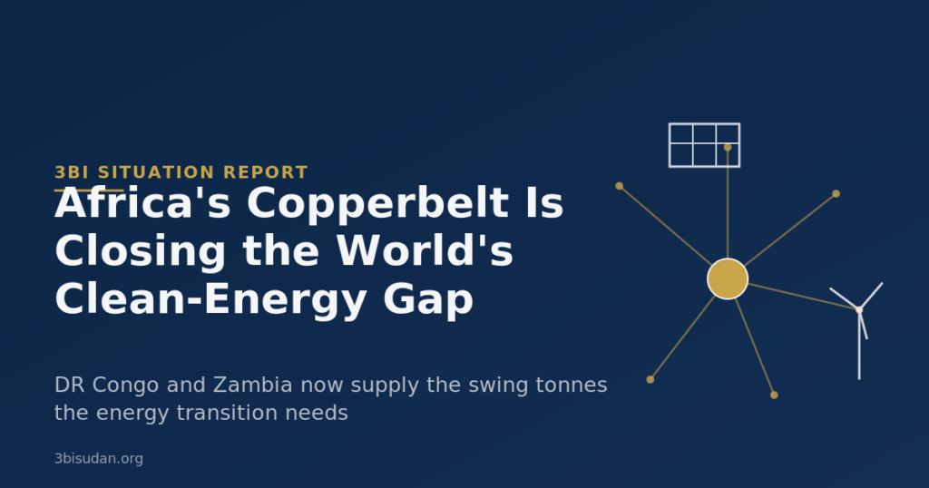 Navy and gold illustration showing an abstract copper-ore node with lines radiating to a wind turbine and solar panel icon, symbolizing DR Congo and Zambia's copper supplying the global clean-energy transition.