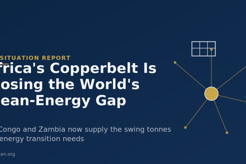Navy and gold illustration showing an abstract copper-ore node with lines radiating to a wind turbine and solar panel icon, symbolizing DR Congo and Zambia's copper supplying the global clean-energy transition.