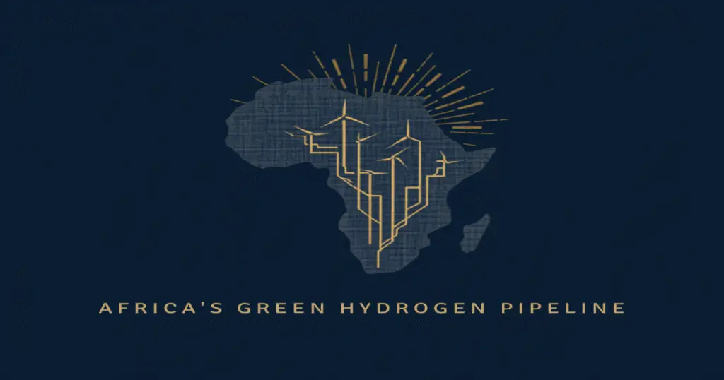 Abstract navy-and-gold illustration of the African continent with wind-turbine and circuit-line motifs and radiating sun rays, symbolizing Africa's green hydrogen pipeline.