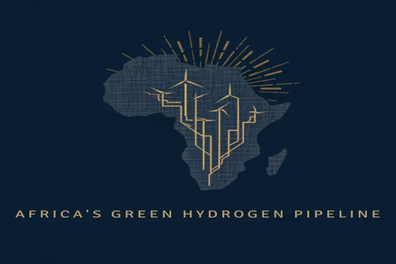 Abstract navy-and-gold illustration of the African continent with wind-turbine and circuit-line motifs and radiating sun rays, symbolizing Africa's green hydrogen pipeline.