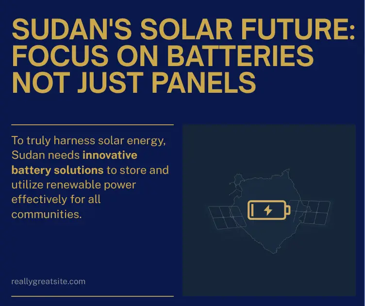 Navy and gold illustration of a battery icon and a solar panel grid over a faint outline map of Sudan and Northeast Africa, symbolizing the case for pairing battery storage with solar power.