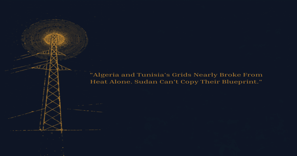 Abstract navy, gold, and grey illustration of an electricity transmission pylon beneath a stylized sun, symbolizing extreme heat's strain on North African power grids.