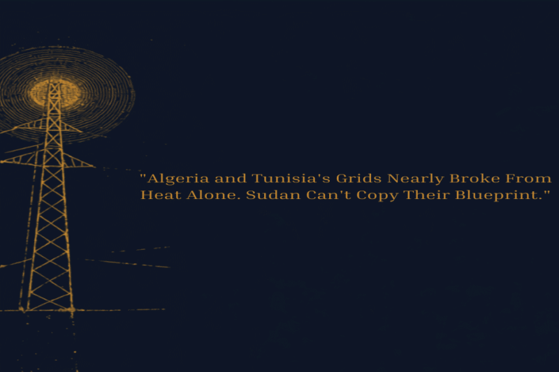 Abstract navy, gold, and grey illustration of an electricity transmission pylon beneath a stylized sun, symbolizing extreme heat's strain on North African power grids.