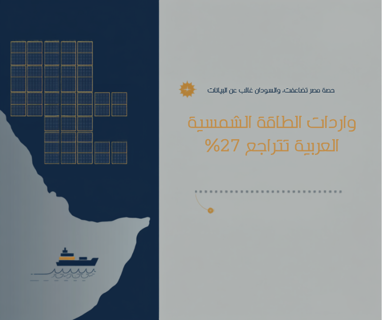رسم توضيحي مبسّط بالألوان الكحلي والذهبي لشبكة ألواح شمسية، وخريطة لساحل البحر الأحمر، وسفينة شحن، يرمز إلى تحوّل مسارات تجارة الألواح الشمسية العربية.