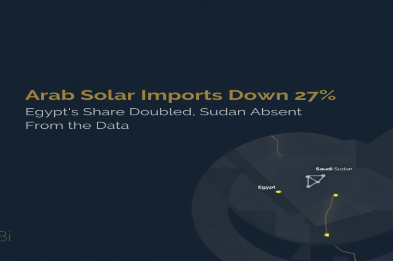 Minimalist navy-and-gold illustration of a solar-panel grid, a Red Sea coastline map, and a cargo ship, symbolizing the shift in Arab solar-panel trade routes.