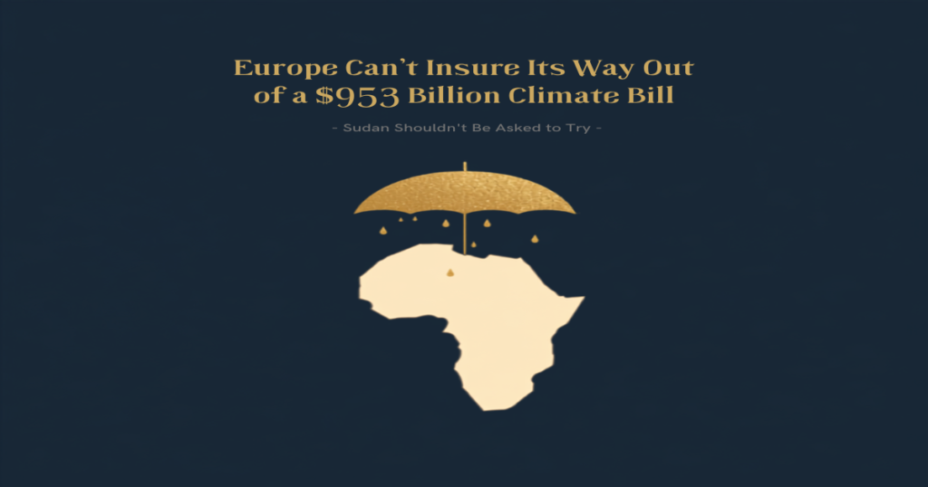 Minimalist navy-and-gold illustration of a golden umbrella dripping rain onto a silhouette of Africa, symbolizing the global climate-insurance protection gap.
