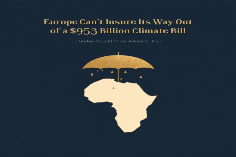 Minimalist navy-and-gold illustration of a golden umbrella dripping rain onto a silhouette of Africa, symbolizing the global climate-insurance protection gap.