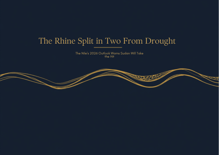 Abstract navy-and-gold illustration of a river splitting into two braided strands above cracked, drought-textured ground, symbolizing the Rhine's 2026 drought split and its parallel hydrological risk to the Nile.