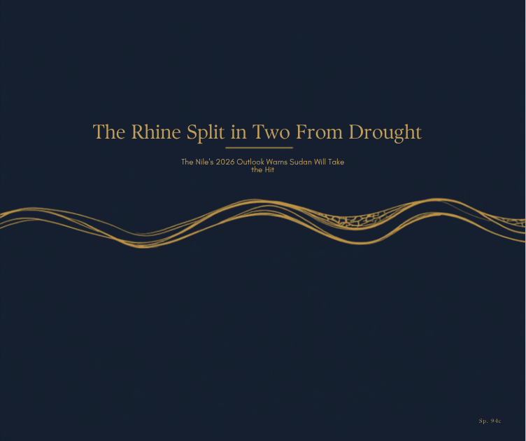 Abstract navy-and-gold illustration of a river splitting into two braided strands above cracked, drought-textured ground, symbolizing the Rhine's 2026 drought split and its parallel hydrological risk to the Nile.