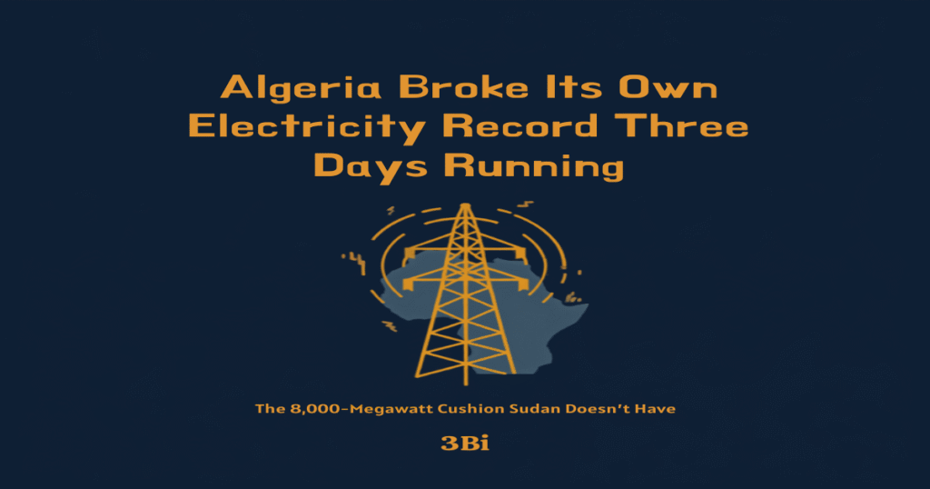Abstract navy-and-gold illustration of an electricity transmission pylon with jagged heat-wave lines rising from it, overlaid on a faint outline of North Africa, symbolizing Algeria's record electricity demand during an August 2026 heatwave.