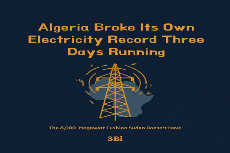 Abstract navy-and-gold illustration of an electricity transmission pylon with jagged heat-wave lines rising from it, overlaid on a faint outline of North Africa, symbolizing Algeria's record electricity demand during an August 2026 heatwave.