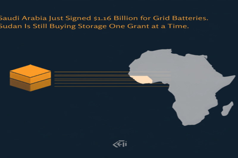 Illustration of an isometric battery-storage icon linked by circuit lines to a map of Africa with Sudan highlighted, over the headline: Saudi Arabia Just Signed $1.16 Billion for Grid Batteries, Sudan Is Still Buying Storage One Grant at a Time.