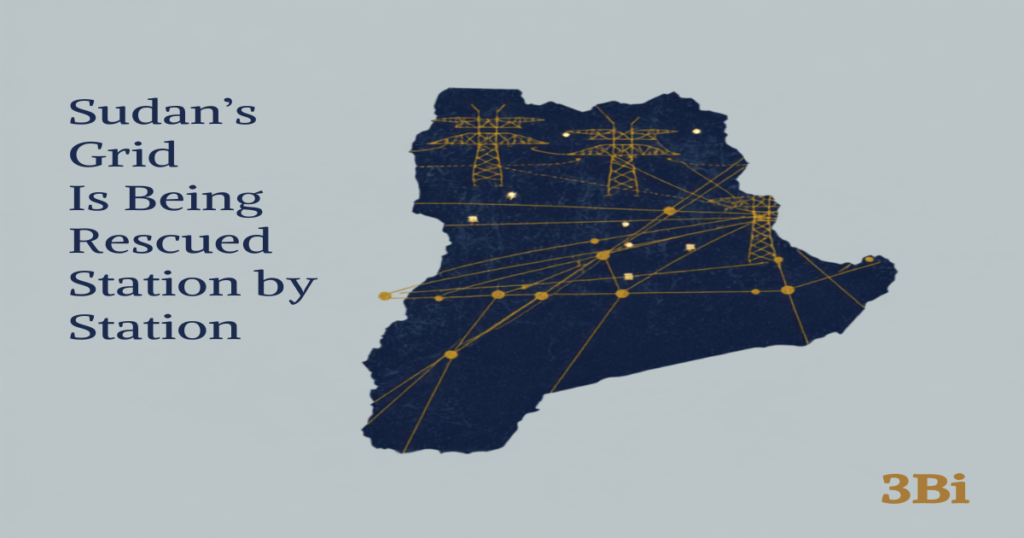 Navy and gold illustration of a Sudan map overlaid with an electrical transmission-grid network, symbolizing the country's push to diversify power sources.