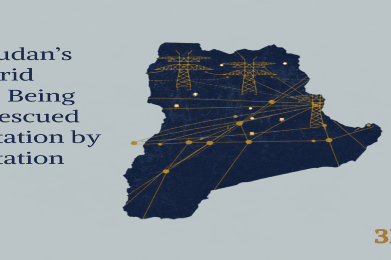 Navy and gold illustration of a Sudan map overlaid with an electrical transmission-grid network, symbolizing the country's push to diversify power sources.