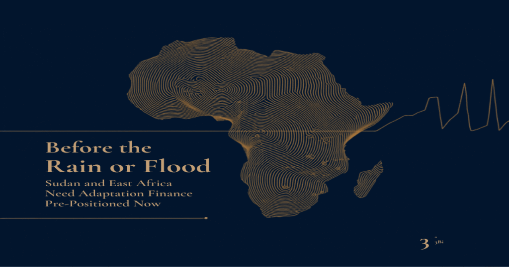 Navy, gold, and grey illustration of a contour-line map of Africa with a rising data line, representing climate adaptation finance for Sudan and East Africa ahead of the 2026 El Nino.