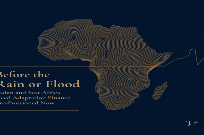 Navy, gold, and grey illustration of a contour-line map of Africa with a rising data line, representing climate adaptation finance for Sudan and East Africa ahead of the 2026 El Nino.