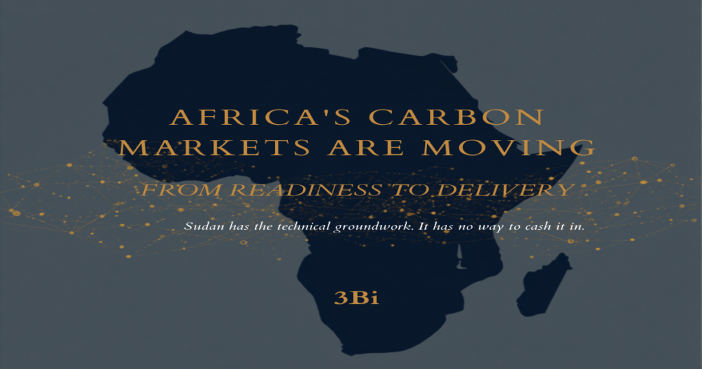 Stylized navy-and-gold map of Africa overlaid with a carbon-market data network, illustrating Africa's shift from carbon-market readiness to delivery.