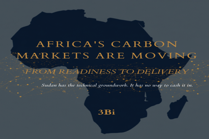 Stylized navy-and-gold map of Africa overlaid with a carbon-market data network, illustrating Africa's shift from carbon-market readiness to delivery.
