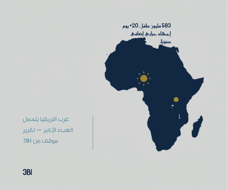 خريطة صامتة باللون الكحلي لأفريقيا مع أيقونة ذهبية لشمس وميزان حرارة، ترمز إلى الإجهاد الحراري الناجم عن تغير المناخ الذي يصيب الأطفال في غرب أفريقيا.