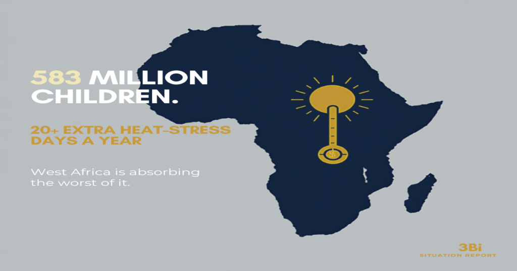 Navy silhouette map of Africa with a golden sun-and-thermometer icon, illustrating climate-driven heat stress affecting children across west Africa.