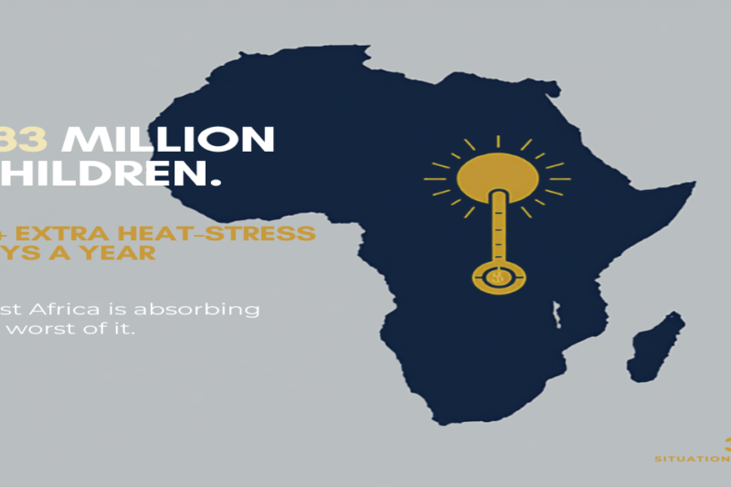 Navy silhouette map of Africa with a golden sun-and-thermometer icon, illustrating climate-driven heat stress affecting children across west Africa.