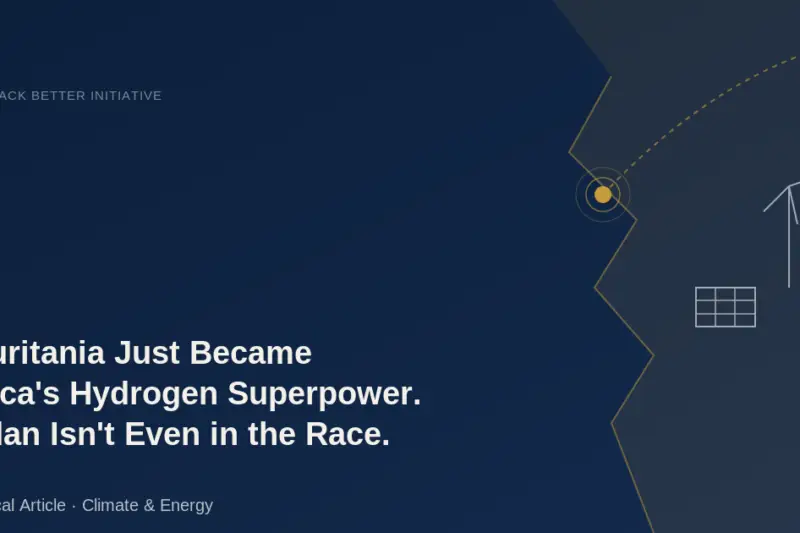 Abstract navy, gold, and grey editorial graphic symbolizing Mauritania's green hydrogen investment boom, with solar panel and wind turbine icons and an export corridor line arcing toward Europe.