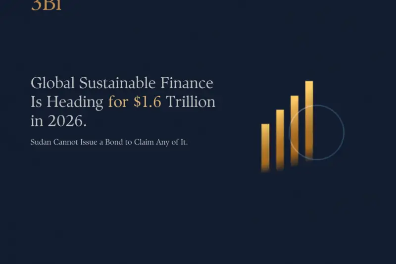 Abstract navy, gold, and grey illustration of a rising bar chart next to a broken chain-link circle, representing global sustainable finance growth and Sudan's exclusion from bond markets.