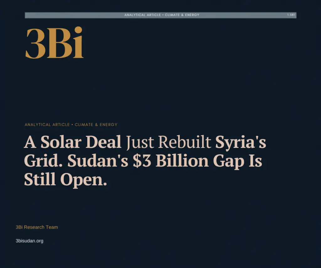 Abstract navy, gold, and grey illustration of a power grid network reconnecting around a solar-panel icon, representing Syria and Sudan's post-war electricity reconstruction.