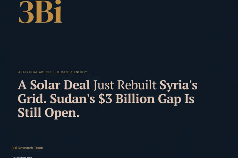 Abstract navy, gold, and grey illustration of a power grid network reconnecting around a solar-panel icon, representing Syria and Sudan's post-war electricity reconstruction.