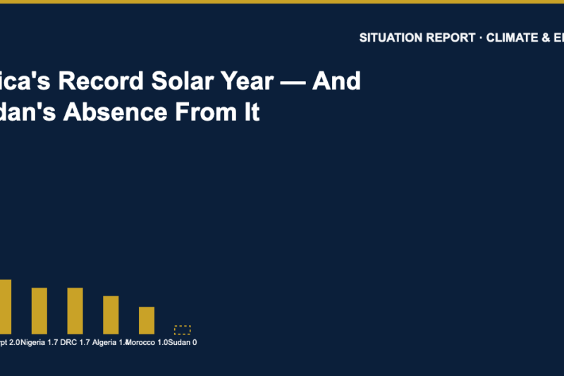 Bar chart cover showing six African countries' 2026 solar additions with an empty dashed bar for Sudan, navy and gold palette.