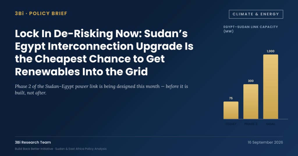 Navy and gold chart showing the Egypt-Sudan electricity interconnection growing from 75 megawatts today to a Phase 2 target of 300 megawatts and an eventual goal of 1,000 megawatts.