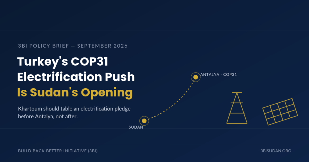 Navy-and-gold editorial graphic showing a dotted line connecting Antalya, Turkey (site of COP31) to Sudan, alongside abstract icons of an electricity pylon and a solar panel, illustrating Turkey's global electrification push and Sudan's energy-access gap.