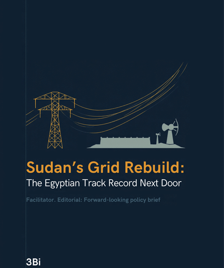 Illustration of a gold high-voltage transmission pylon and power lines crossing a map linking Egypt and Sudan along the Nile, with a hydropower dam silhouette in the background.