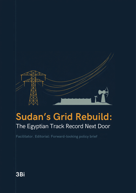 Illustration of a gold high-voltage transmission pylon and power lines crossing a map linking Egypt and Sudan along the Nile, with a hydropower dam silhouette in the background.