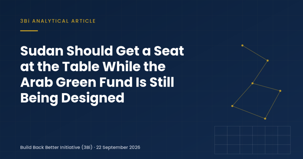 Abstract navy, gold and grey editorial graphic representing a regional climate technology and finance network, with the headline "Sudan Should Get a Seat at the Table While the Arab Green Fund Is Still Being Designed".