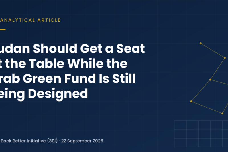 Abstract navy, gold and grey editorial graphic representing a regional climate technology and finance network, with the headline "Sudan Should Get a Seat at the Table While the Arab Green Fund Is Still Being Designed".