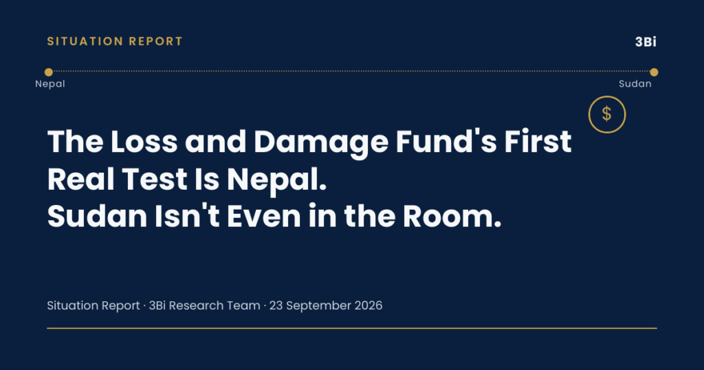 Navy-and-gold editorial graphic showing a dotted line connecting Nepal and Sudan with an abstract fund icon, illustrating the UN Loss and Damage Fund's first real test in Nepal and Sudan's absence from its pipeline.